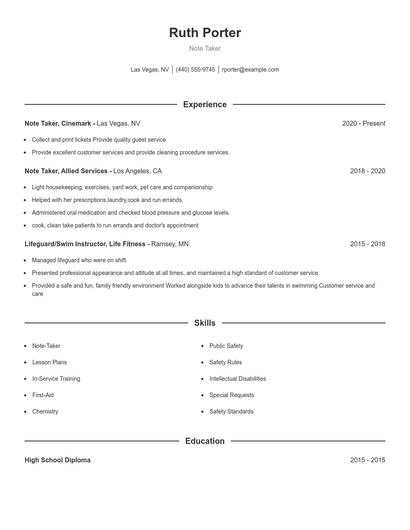 Note Taker Resume