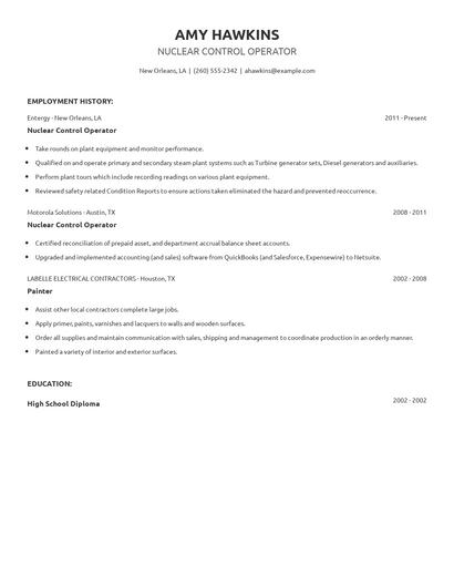 Nuclear Control Operator Resume
