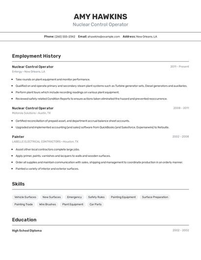 Nuclear Control Operator Resume