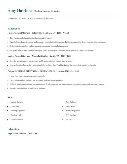 Nuclear Control Operator Resume