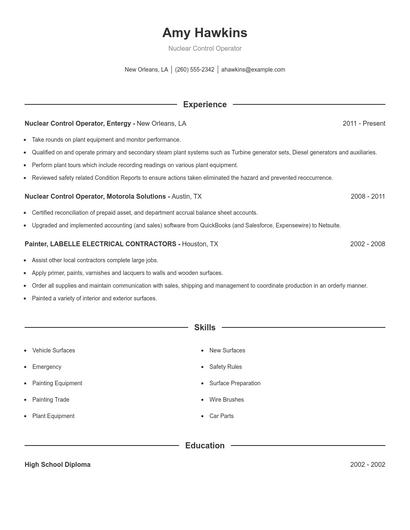 Nuclear Control Operator Resume