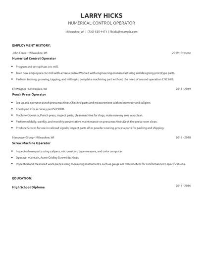 Numerical Control Operator Resume