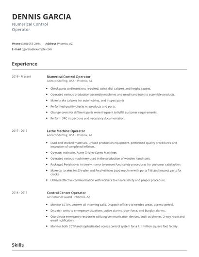 Numerical Control Operator Resume