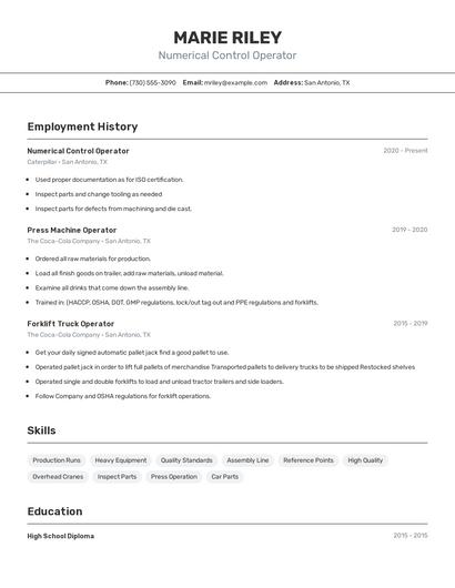 Numerical Control Operator Resume