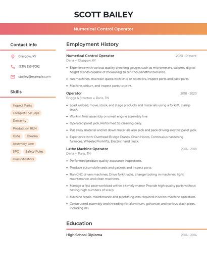 Numerical Control Operator Resume