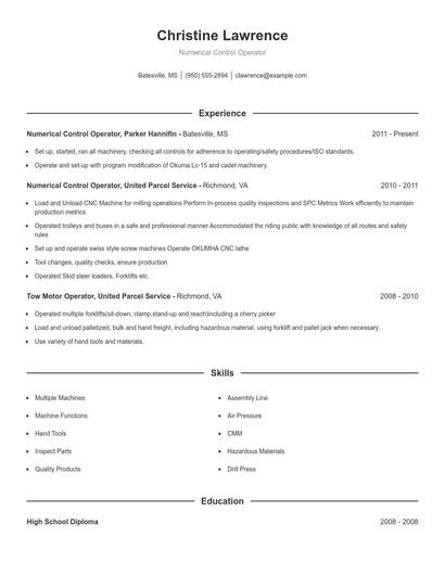 Numerical Control Operator Resume