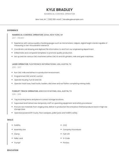 Numerical Control Operator Resume