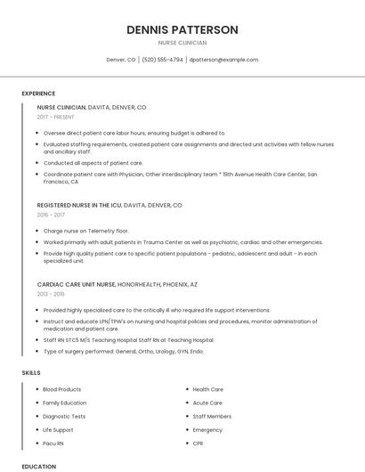 Nurse Clinician Resume