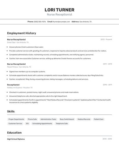 Nurse Receptionist Resume