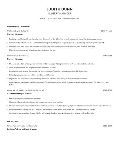 Nursery Manager Resume