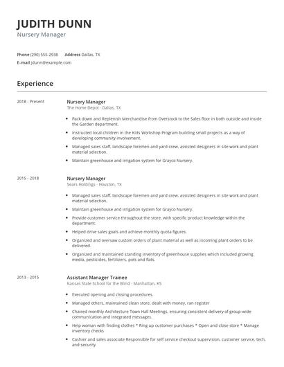 Nursery Manager Resume