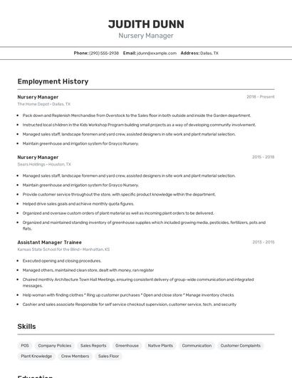Nursery Manager Resume