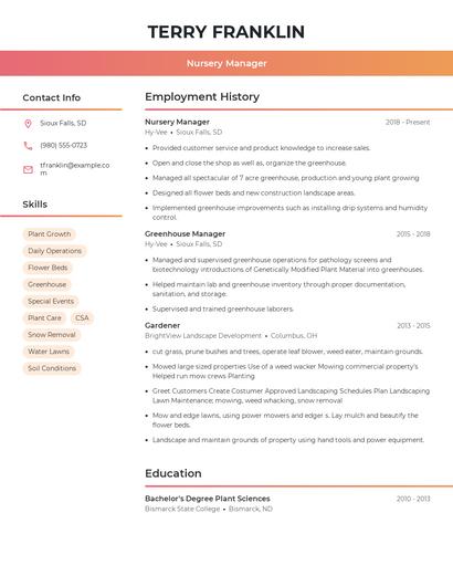 Nursery Manager Resume