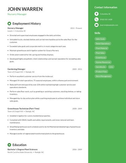 Nursery Manager Resume