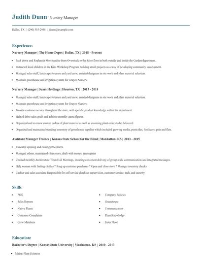 Nursery Manager Resume