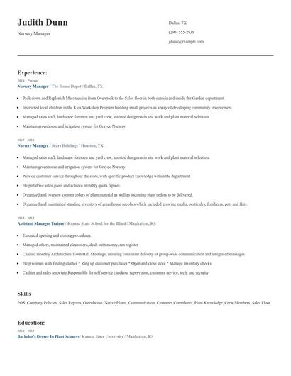 Nursery Manager Resume