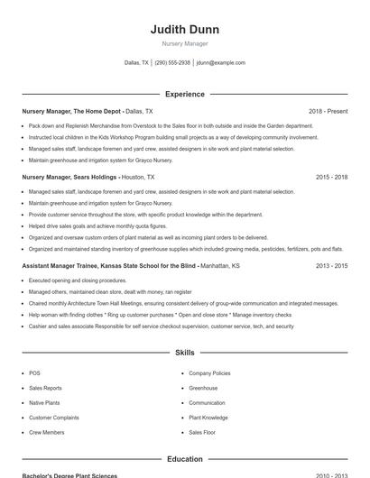 Nursery Manager Resume