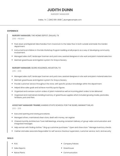 Nursery Manager Resume