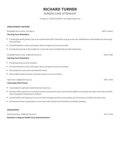 Nursing Care Attendant Resume