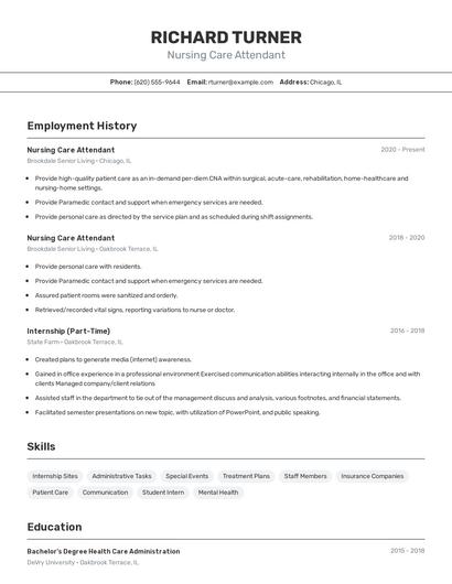 Nursing Care Attendant Resume