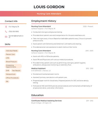 Nursing Care Attendant Resume