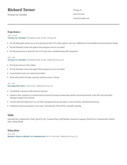 Nursing Care Attendant Resume