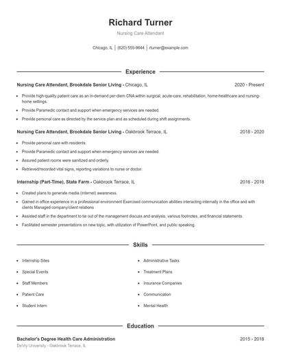 Nursing Care Attendant Resume