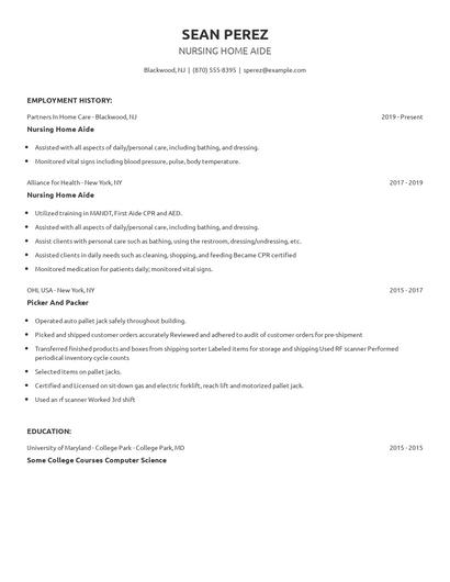 Nursing Home Aide Resume