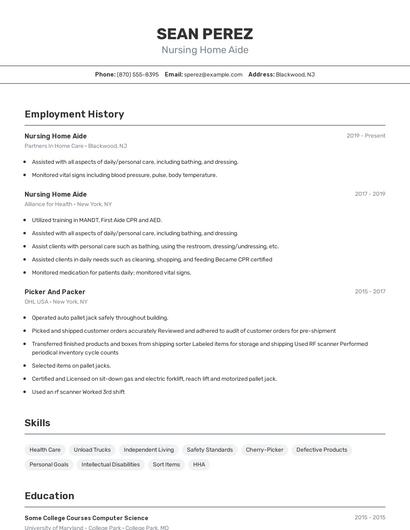 Nursing Home Aide Resume