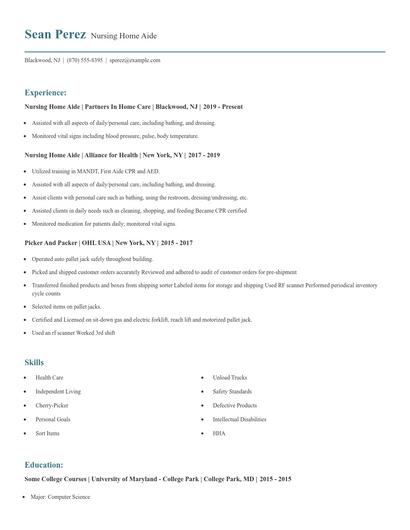 Nursing Home Aide Resume