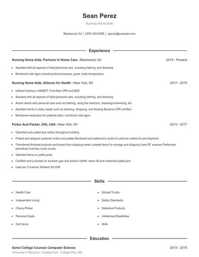 Nursing Home Aide Resume