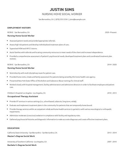 Nursing Home Social Worker Resume