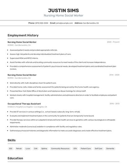 Nursing Home Social Worker Resume