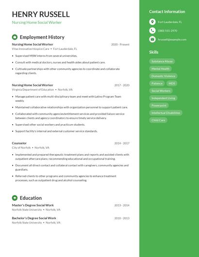 Nursing Home Social Worker Resume
