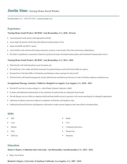 Nursing Home Social Worker Resume