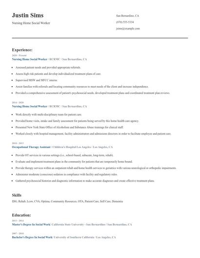 Nursing Home Social Worker Resume