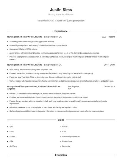 Nursing Home Social Worker Resume