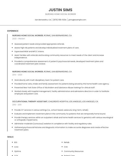 Nursing Home Social Worker Resume