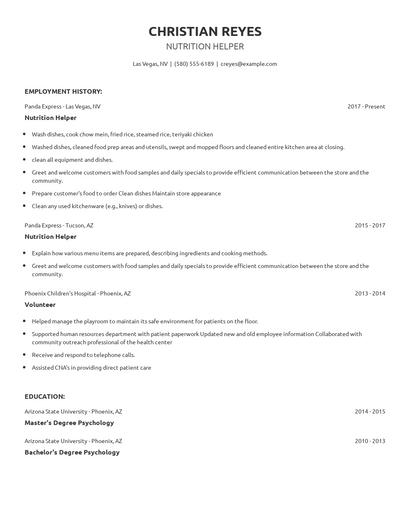Nutrition Helper Resume