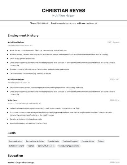 Nutrition Helper Resume