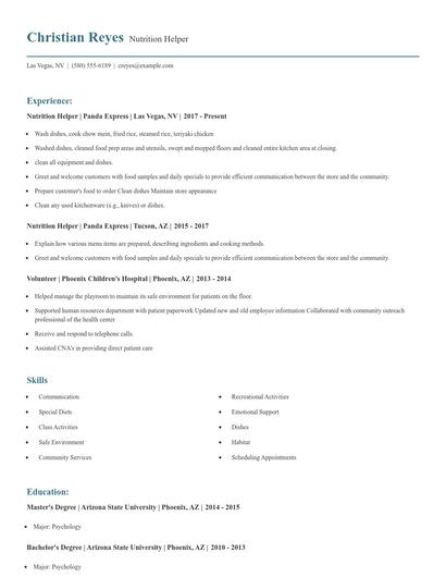 Nutrition Helper Resume
