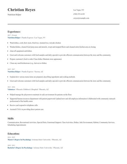 Nutrition Helper Resume
