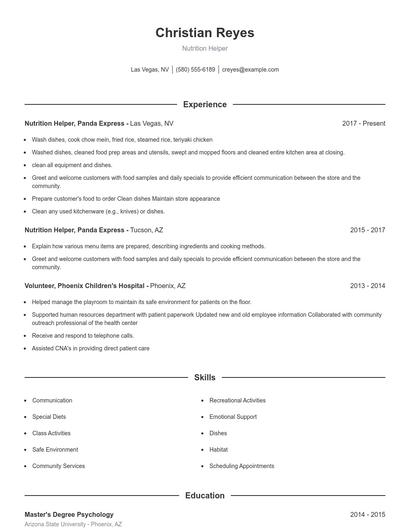 Nutrition Helper Resume