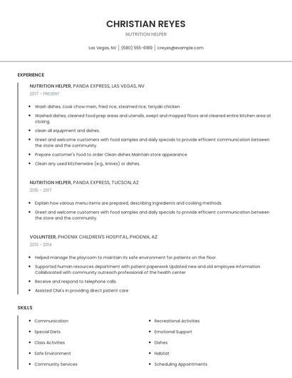 Nutrition Helper Resume