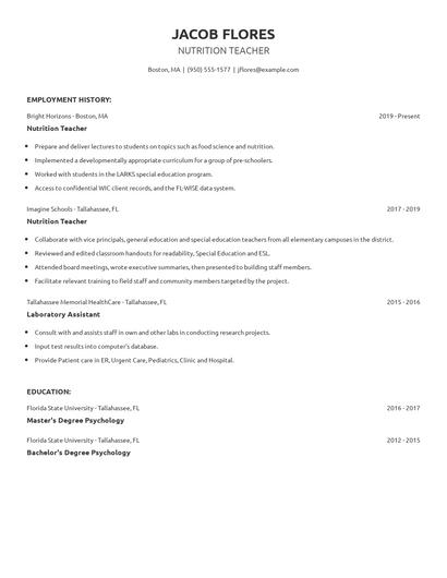 Nutrition Teacher Resume