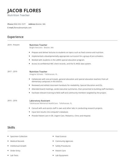 Nutrition Teacher Resume