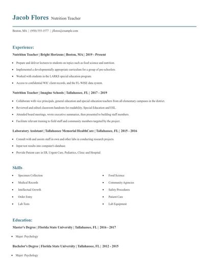 Nutrition Teacher Resume