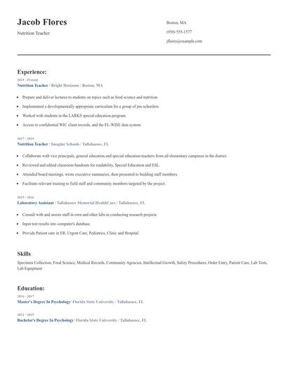 Nutrition Teacher Resume