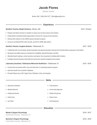 Nutrition Teacher Resume