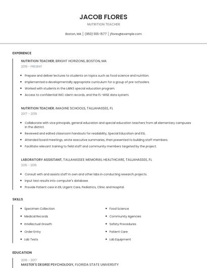 Nutrition Teacher Resume
